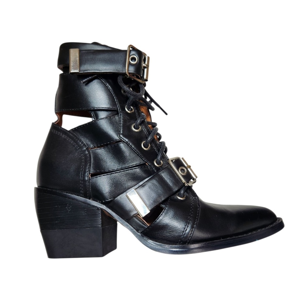 Size 5 36 Womans Cutout Moto Combat Boots Black Lace Up Buckle Straps Block Heel
